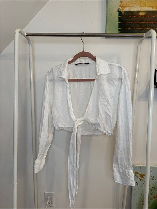 Zara Tops - Zara White Linen Blend Tie-Front Cropped Shirt - Women's Top size M